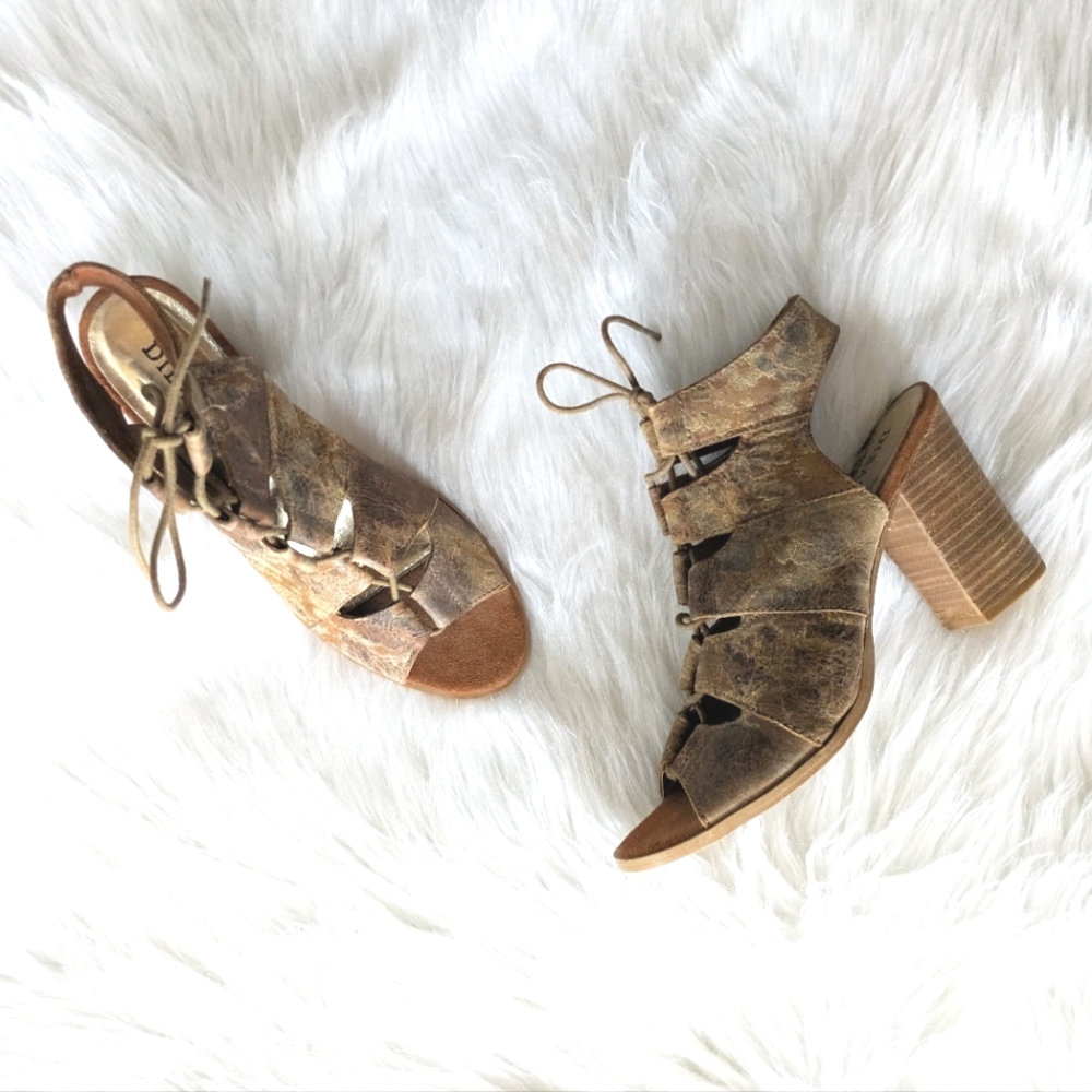 NWOB Diba True Brown leather caged lace-up Block Heel Sandals size 9.5